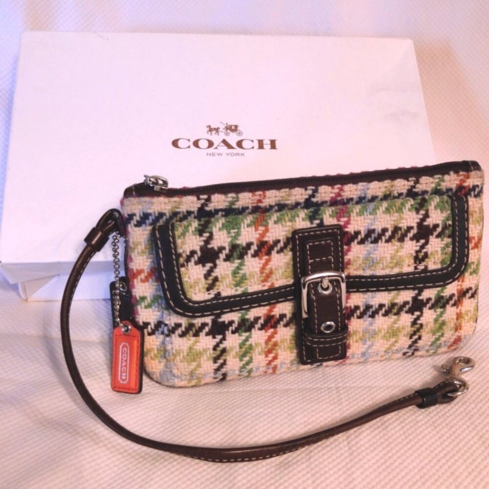 Coach 100% Wool & Leather Hampton Tattersall Multi Plaid Wristlet, EUC